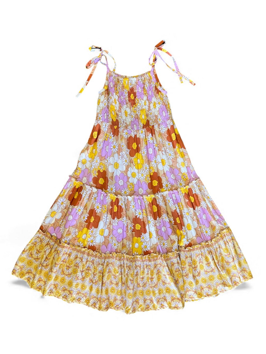 Floral tiered dress with Sundaisy print, a vintage floral pattern in mustard yellow, rust orange, and dusty pink.