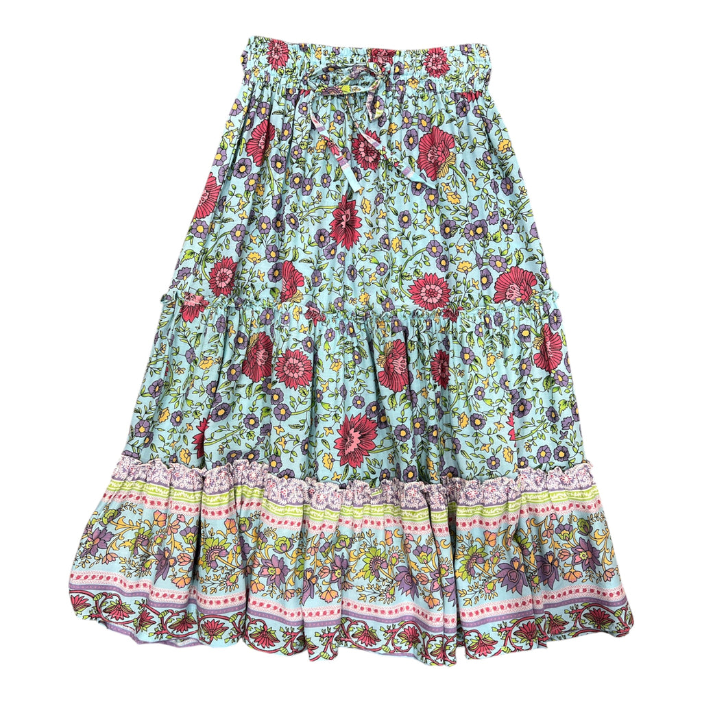 A tiered bohemian-style maxi skirt with a light blue base, red and pink floral print, and a decorative ruffled border at the hem, Maeve Maxi Skirt Aqua Wildflower in white background.
