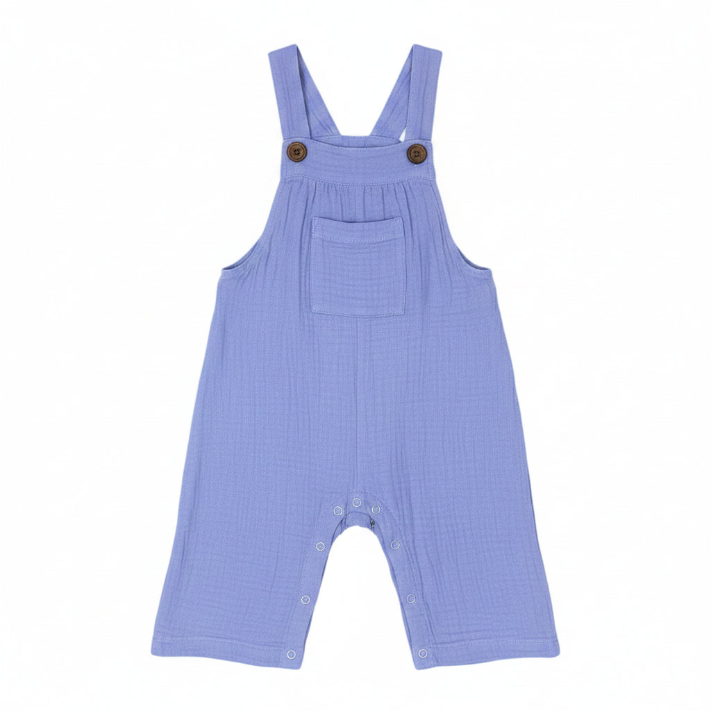 Light blue cotton gauze baby overall romper with adjustable shoulder straps, front patch pocket, and snap closures at the crotch and leg openings, shown flat on a white background.