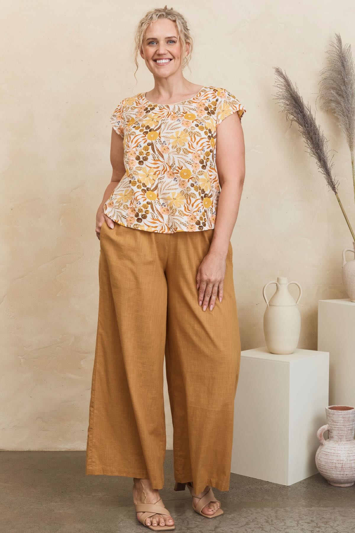 MahaShe Remi Top in Amber | Organic Cotton Floral Peplum Blouse