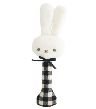Alimrose Baby Bunny Stick Rattle – Black Check Monochrome Keepsake