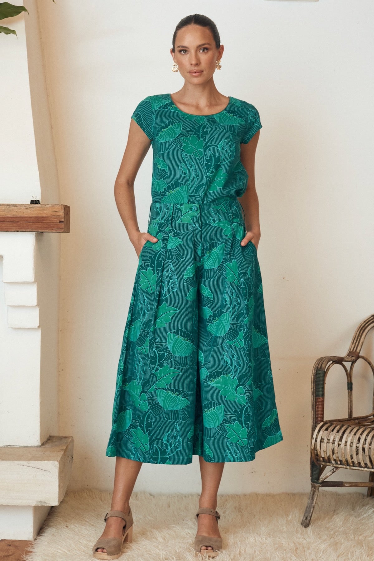 MahaShe Simone Trouser in Lotus & Aqua | High-Waisted 100% Cotton Floral Pants