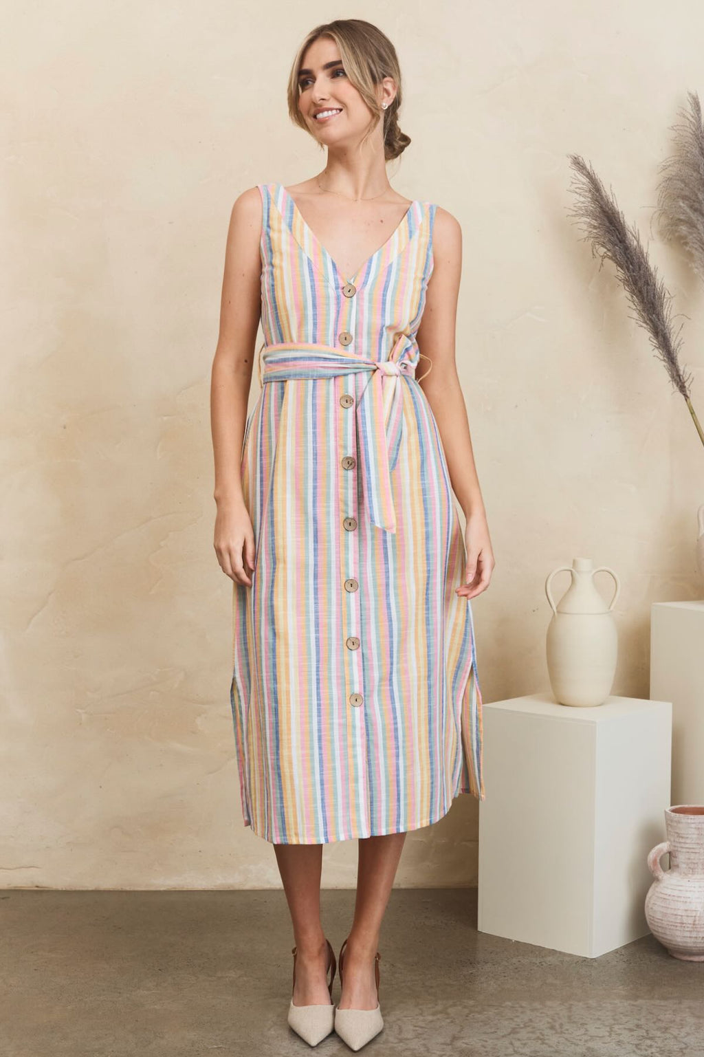 MahaShe Sunday Dress in Summer Stripe | 100% Cotton Hand-Printed Sundress