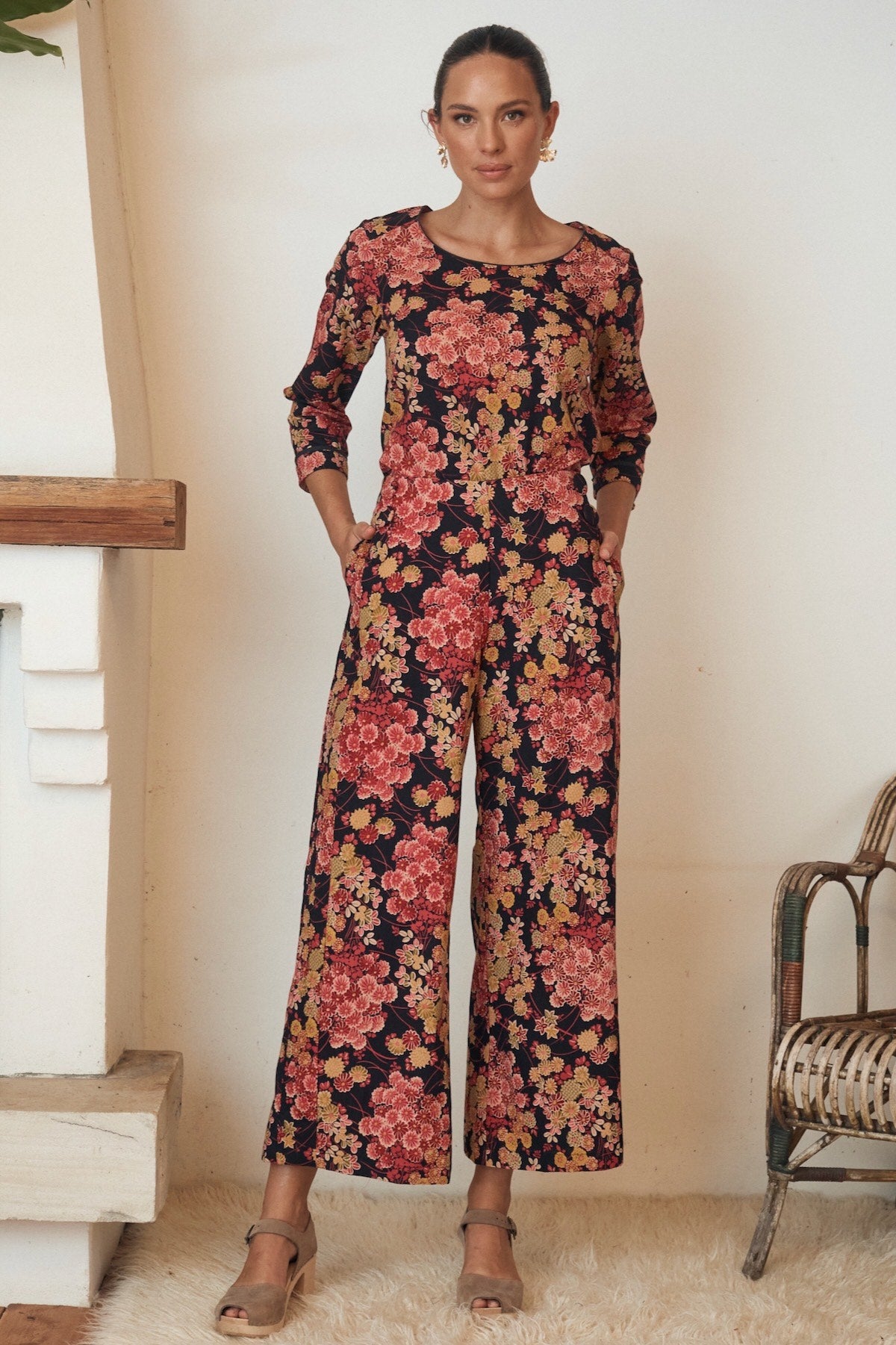 MahaShe Talia Trouser in Autumn Blossom | High-Waisted 100% Cotton Wide-Leg Pants