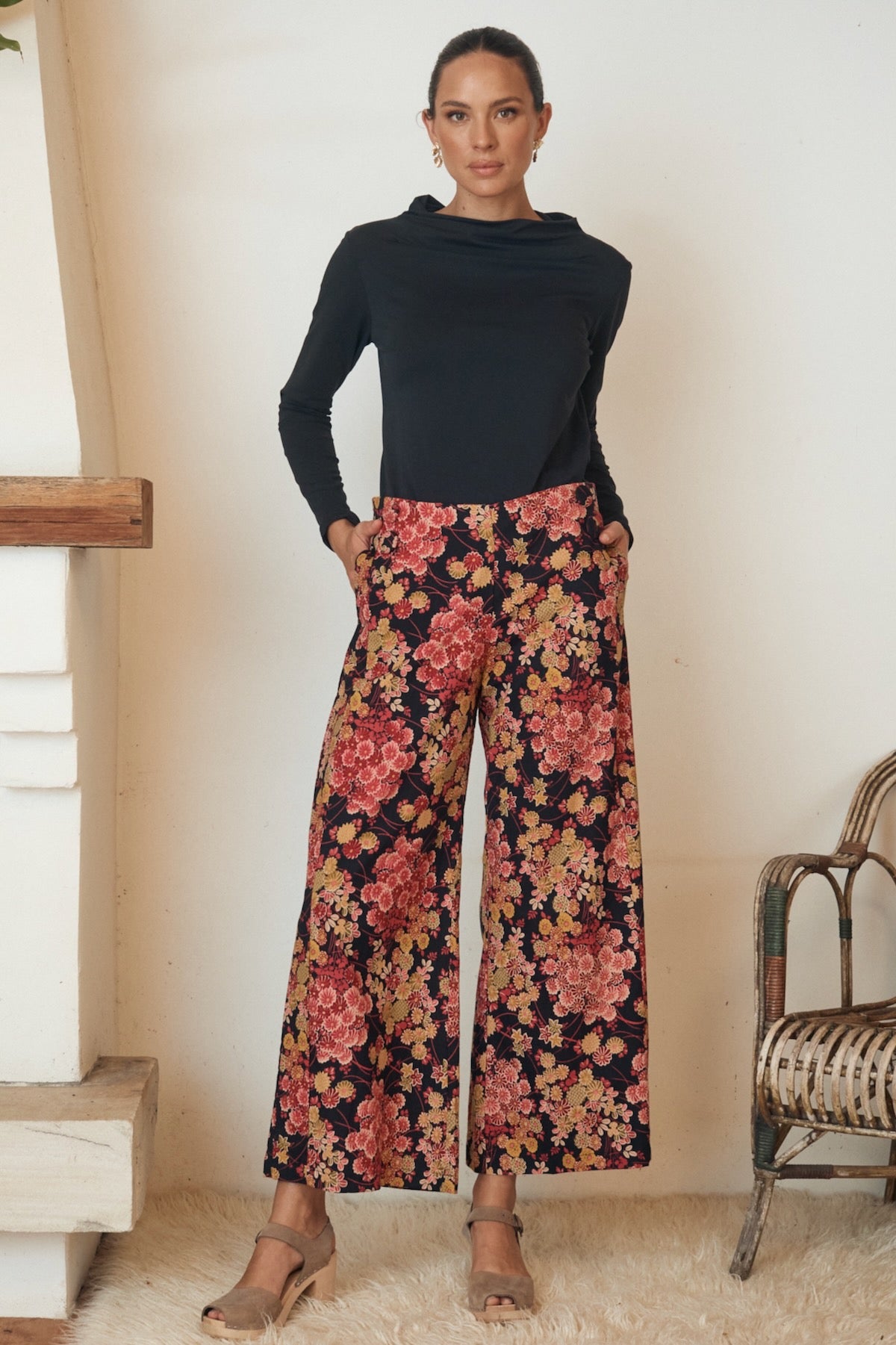 MahaShe Talia Trouser in Autumn Blossom | High-Waisted 100% Cotton Wide-Leg Pants