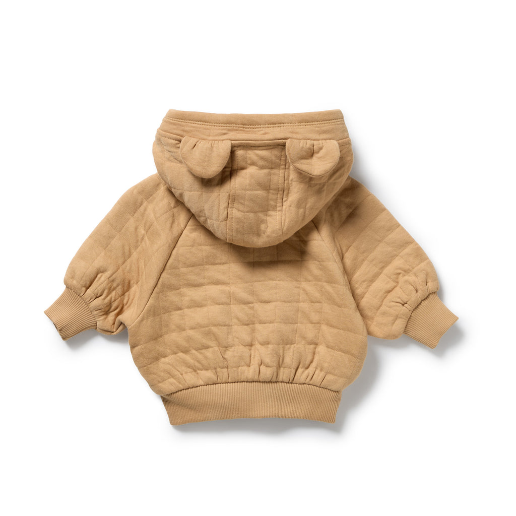 Wilson & Frenchy Honey Fawn Organic Quilted Jacket, a Beighe quilted with bear ears on a white background.