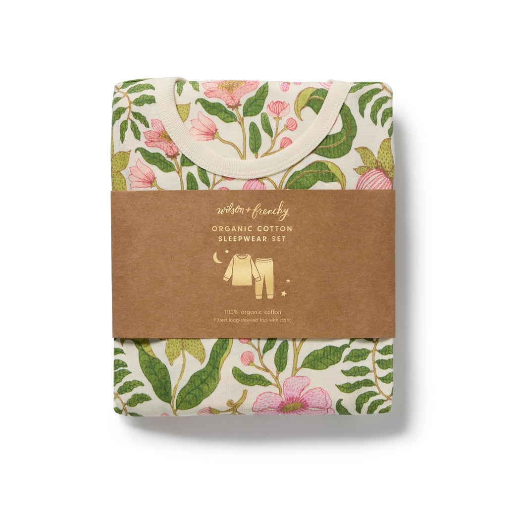Wilson & Frenchy Organic Cotton Pyjamas, a Floral pajama set with pink flowers and green leaves.