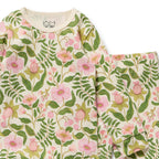 Wilson & Frenchy Organic Cotton Pyjamas, a Floral pajama set with pink flowers and green leaves.
