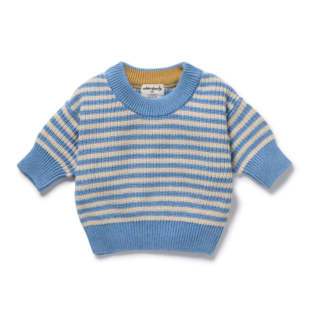 Wilson & Frenchy Organic Knitted Stripe Jumper, a Blue and beige striped sweater on a white background.