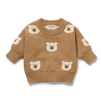 Wilson & Frenchy Organic Knitted Jacquard Jumper, a brown sweater with bear patterns.