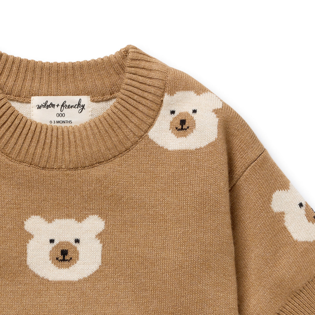 Wilson & Frenchy Organic Knitted Jacquard Jumper a brown sweater with bear patterns.