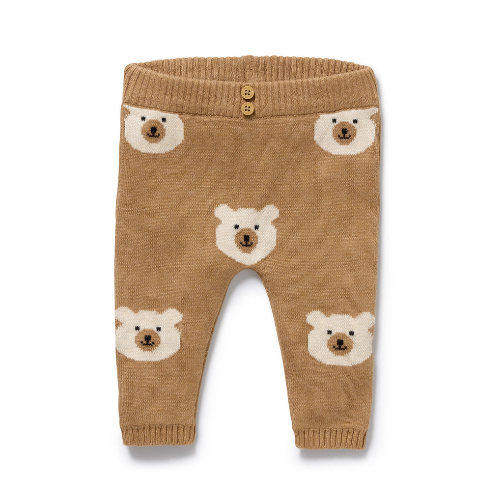 Wilson & Frenchy Organic Knitted Leggings, a brown knitted baby leggings with bear faces.