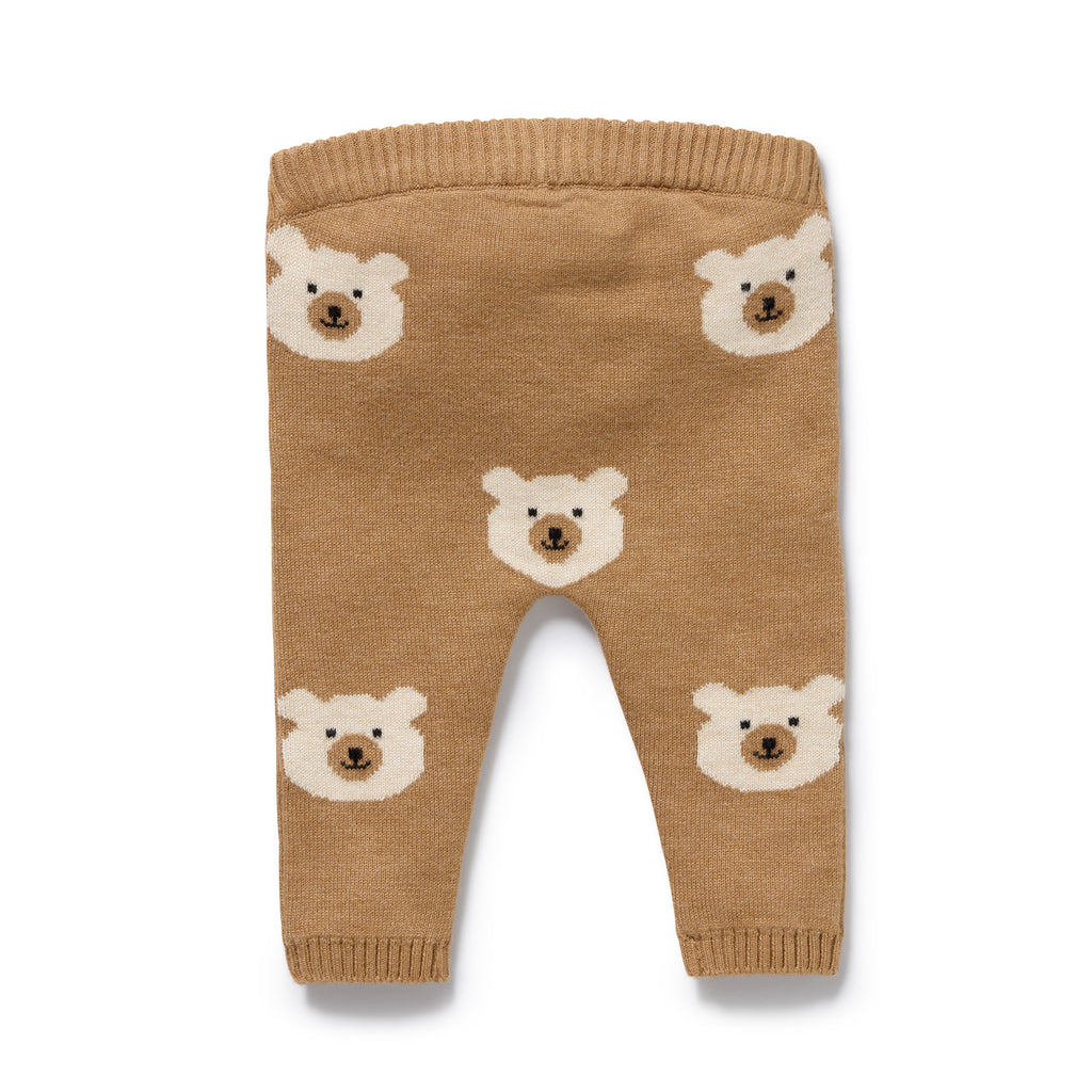 Wilson & Frenchy Organic Knitted Leggings, a brown knitted baby leggings with bear faces.