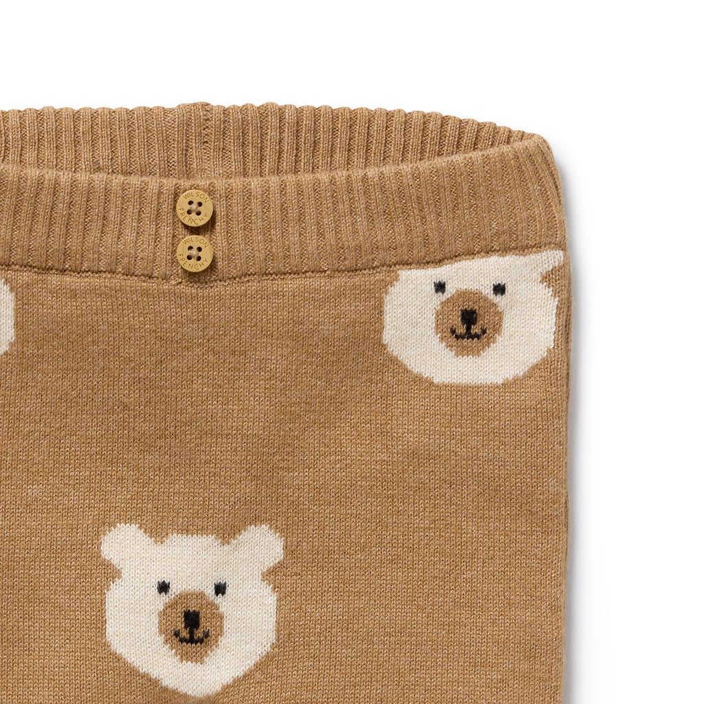 Wilson & Frenchy Organic Knitted Leggings, a brown knitted baby leggings with bear faces.