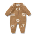 Wilson & Frenchy Organic Knitted Jacquard Growsuit, a brown onesie with bear patterns.
