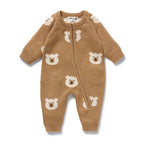 Wilson & Frenchy Organic Knitted Jacquard Growsuit, a brown onesie with bear patterns.