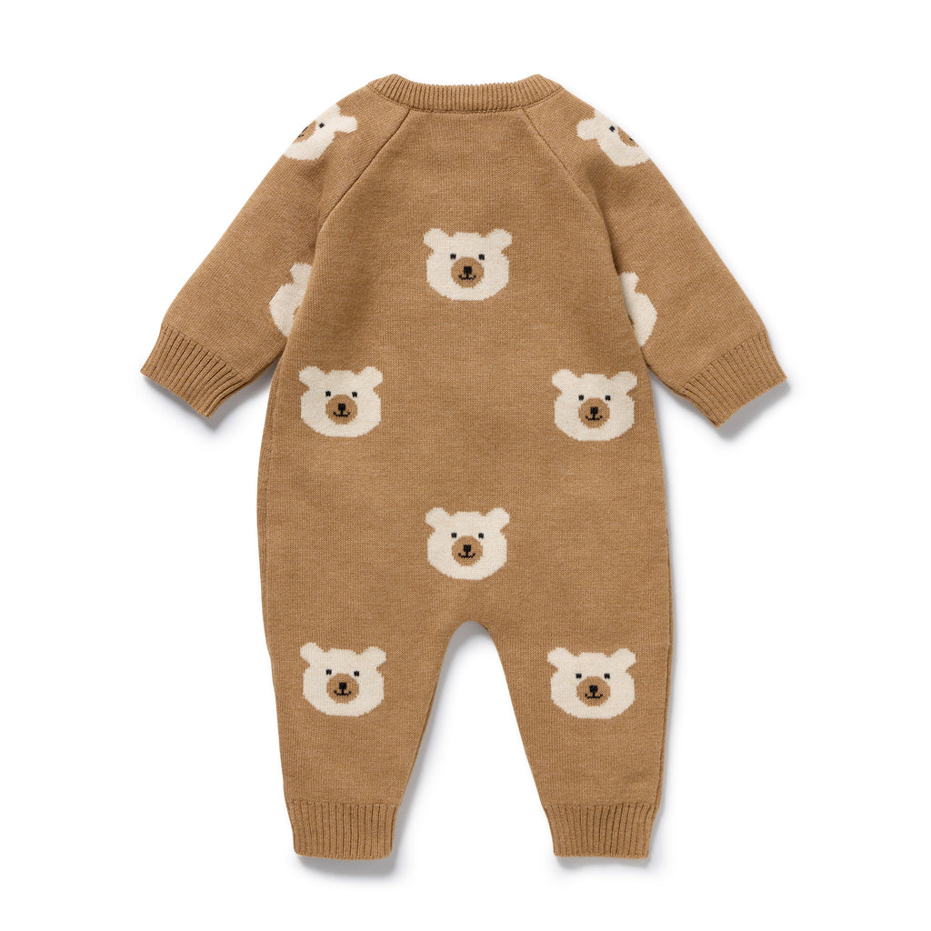 Wilson & Frenchy Organic Knitted Jacquard Growsuit, a brown onesie with bear patterns.