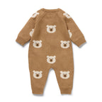 Wilson & Frenchy Organic Knitted Jacquard Growsuit, a brown onesie with bear patterns.