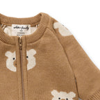 Wilson & Frenchy Organic Knitted Jacquard Growsuit, a brown onesie with bear patterns.