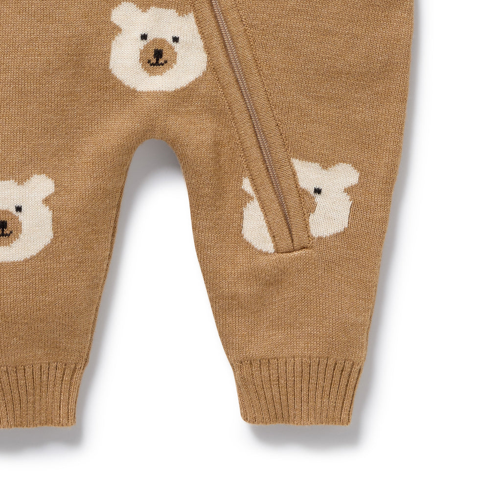 Wilson & Frenchy Organic Knitted Jacquard Growsuit, a brown onesie with bear patterns.