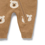 Wilson & Frenchy Organic Knitted Jacquard Growsuit, a brown onesie with bear patterns.