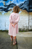 MilaMeli Evie Dress Mushy Pink Muslin Cotton w Feather Embroidered Pocket