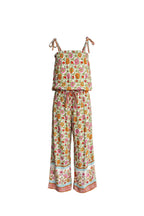 Sleeveless children's jumpsuit featuring Festival Garden print, a white base with an all-over floral pattern of orange, pink, and green. Complete with tie shoulder straps and a drawstring waist.
