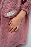 MilaMeli Evie Dress Dusty Rose Muslin Cotton w Embroidered Feather Pocket