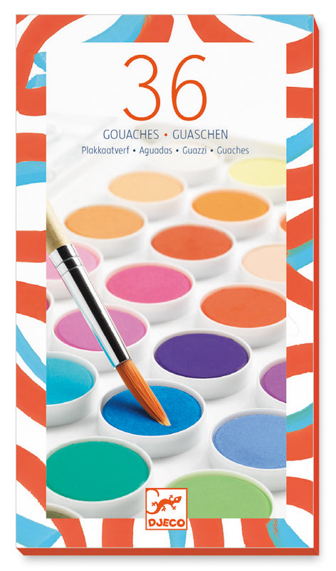 Djeco 36 Gouache Paint Set with Brush - High-Pigment Kids' Art Kit
